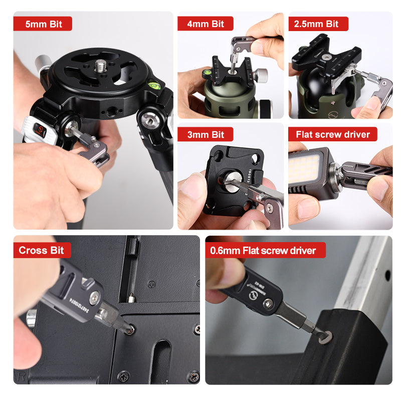 SUNWAYFOTO DW-02+ Folding Tool Set with Hex Key Wrenches Stainless Steel 2.5/3/4/5mm, Phillips and Flat Head, Edc Multitool Keychain Screwdriver