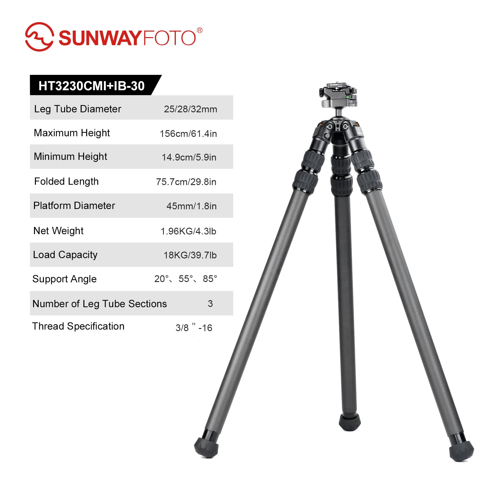 SUNWAYFOTO HT3230CMI Inverted Leg Carbon Fiber without Center Column , 32mm, 3 Section,69'' Tall,Load 66lb.(26kg)