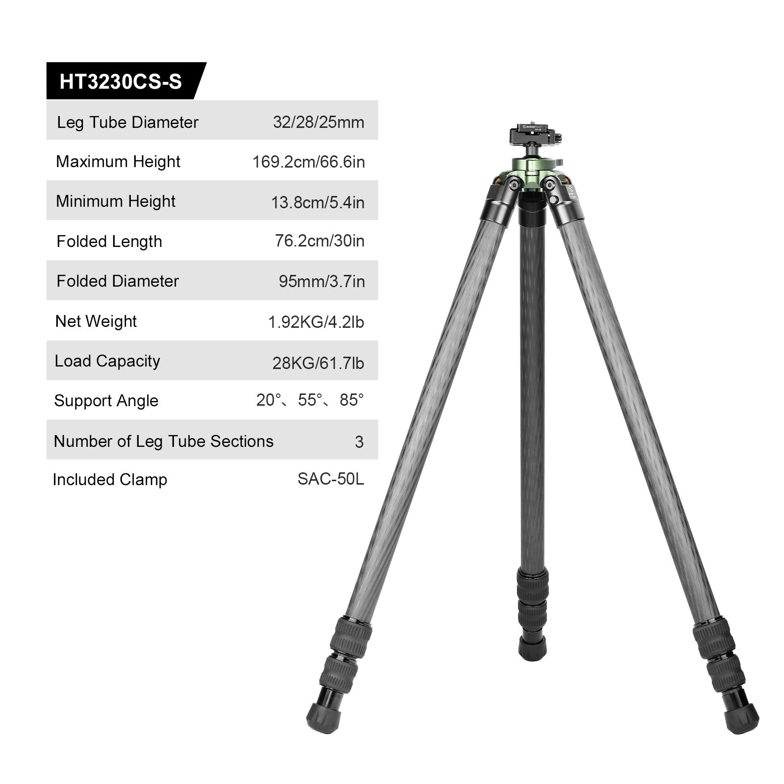 Sunwayfoto HT3230CS Carbon Fiber Tripod for Hunting with 30mm Ball Head,3-Sections,Load 61.6lb(28kg)