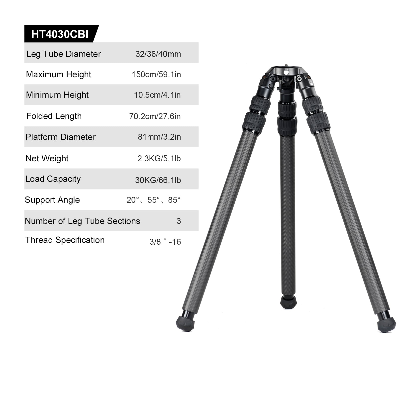 SUNWAYFOTO HT4030CBI Inverted Leg Carbon Fiber Heavy Duty Tripod with 65mm Bowl , 40mm, 3 Sections, 59'' (150cm) Tall, Load 66lb.(30kg)