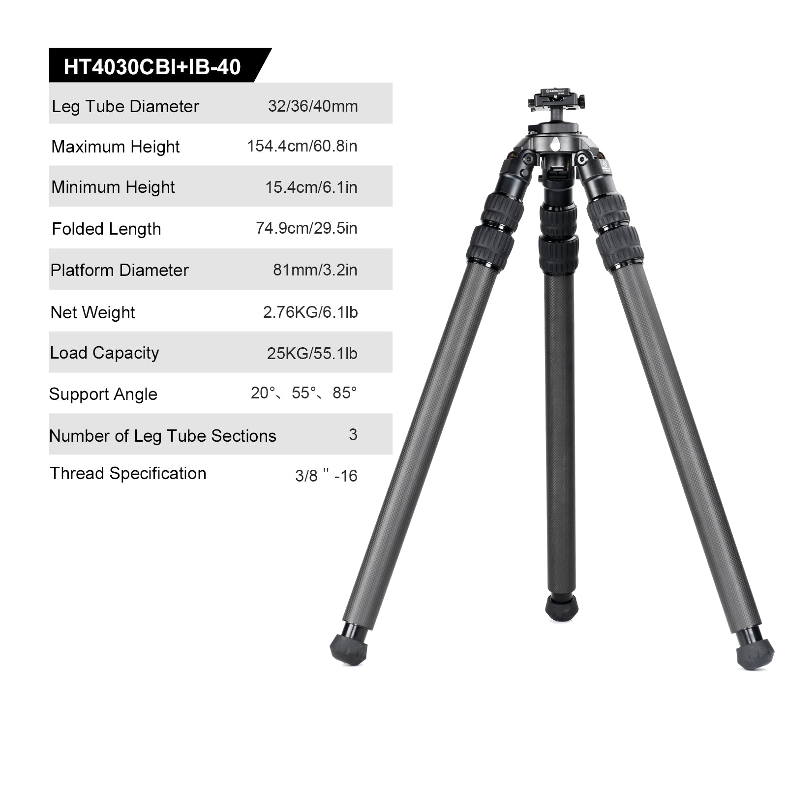 SUNWAYFOTO HT4030CBI Inverted Leg Carbon Fiber Heavy Duty Tripod with 65mm Bowl , 40mm, 3 Sections, 59'' (150cm) Tall, Load 66lb.(30kg)