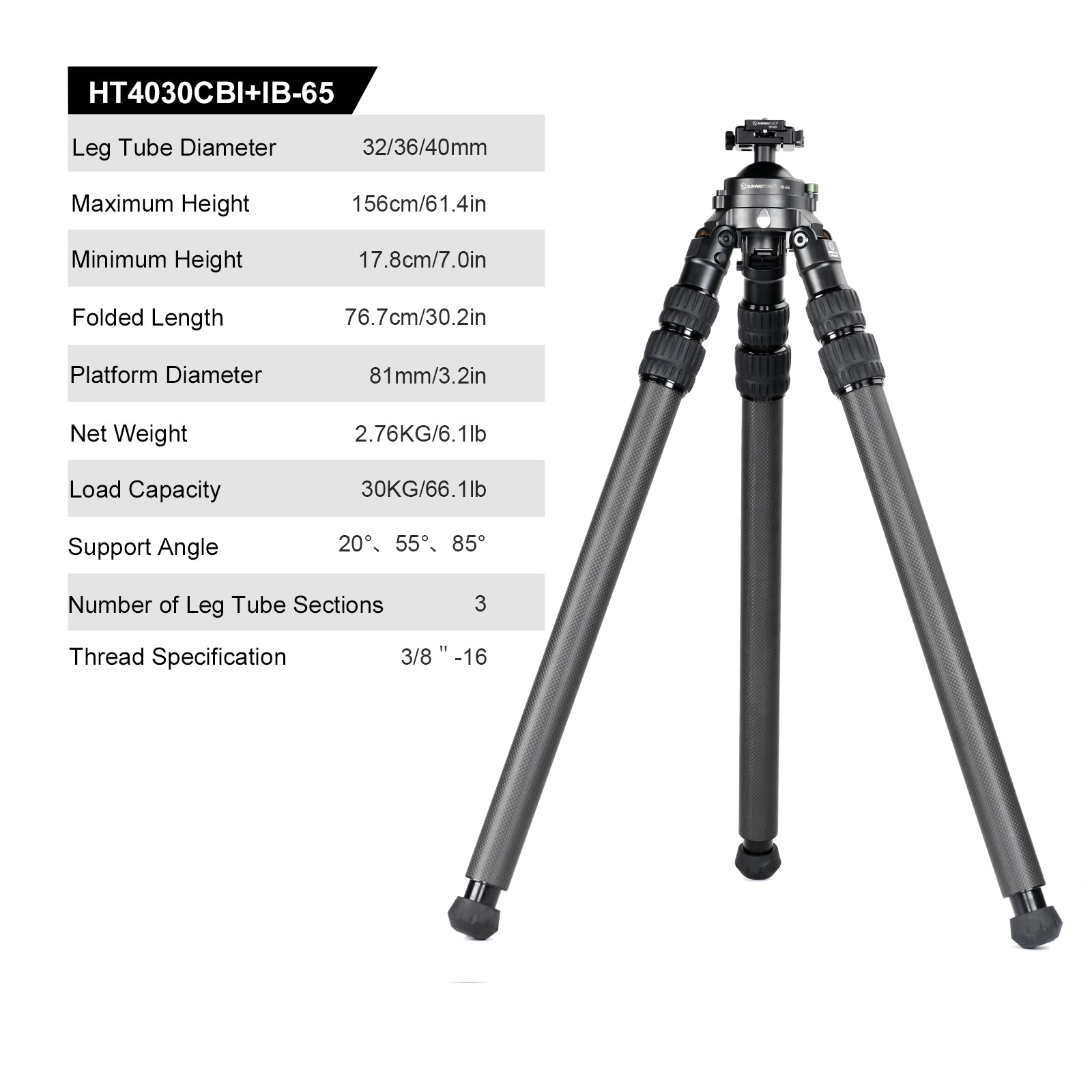 SUNWAYFOTO HT4030CBI Inverted Leg Carbon Fiber Heavy Duty Tripod with 65mm Bowl , 40mm, 3 Sections, 59'' (150cm) Tall, Load 66lb.(30kg)