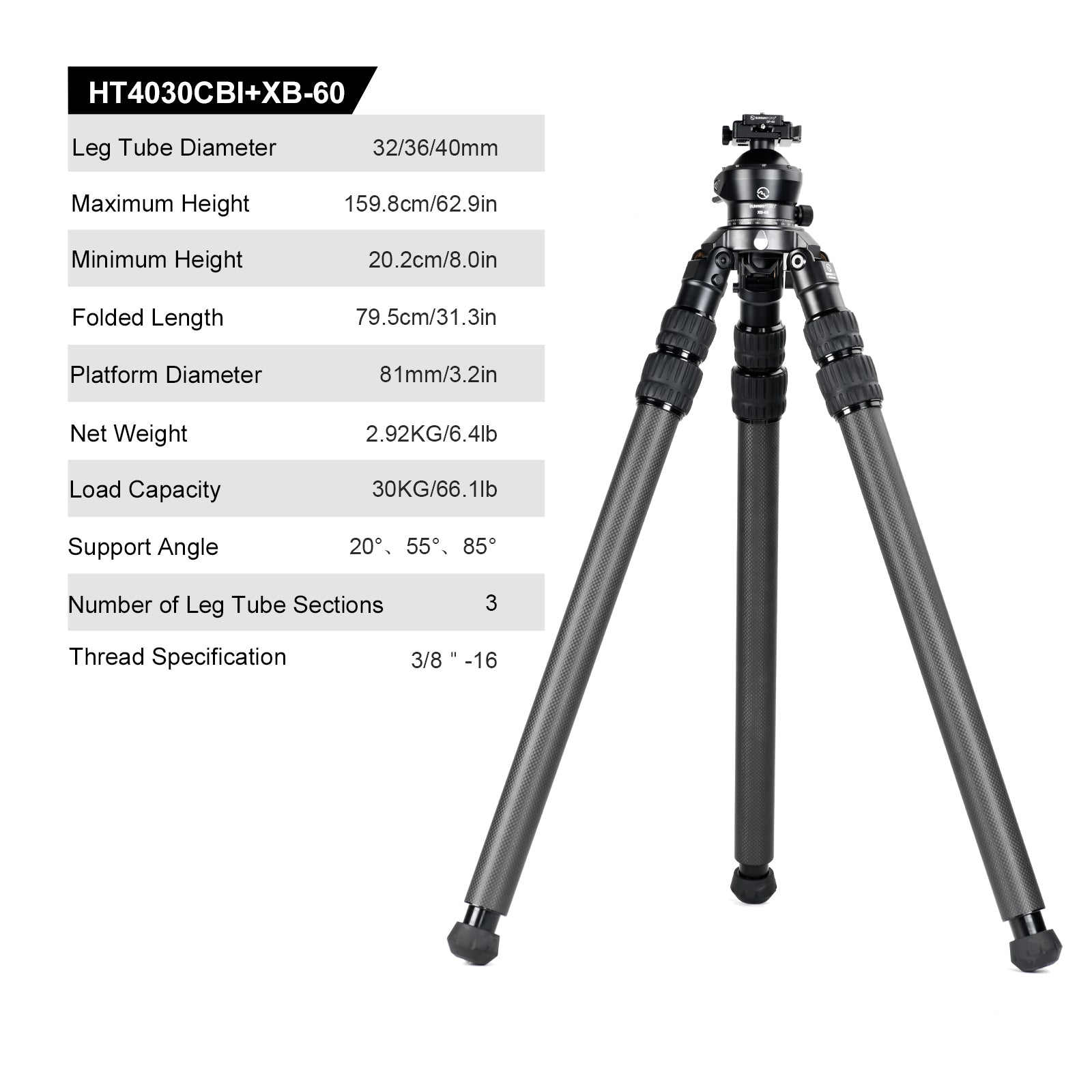 SUNWAYFOTO HT4030CBI Inverted Leg Carbon Fiber Heavy Duty Tripod with 65mm Bowl , 40mm, 3 Sections, 59'' (150cm) Tall, Load 66lb.(30kg)