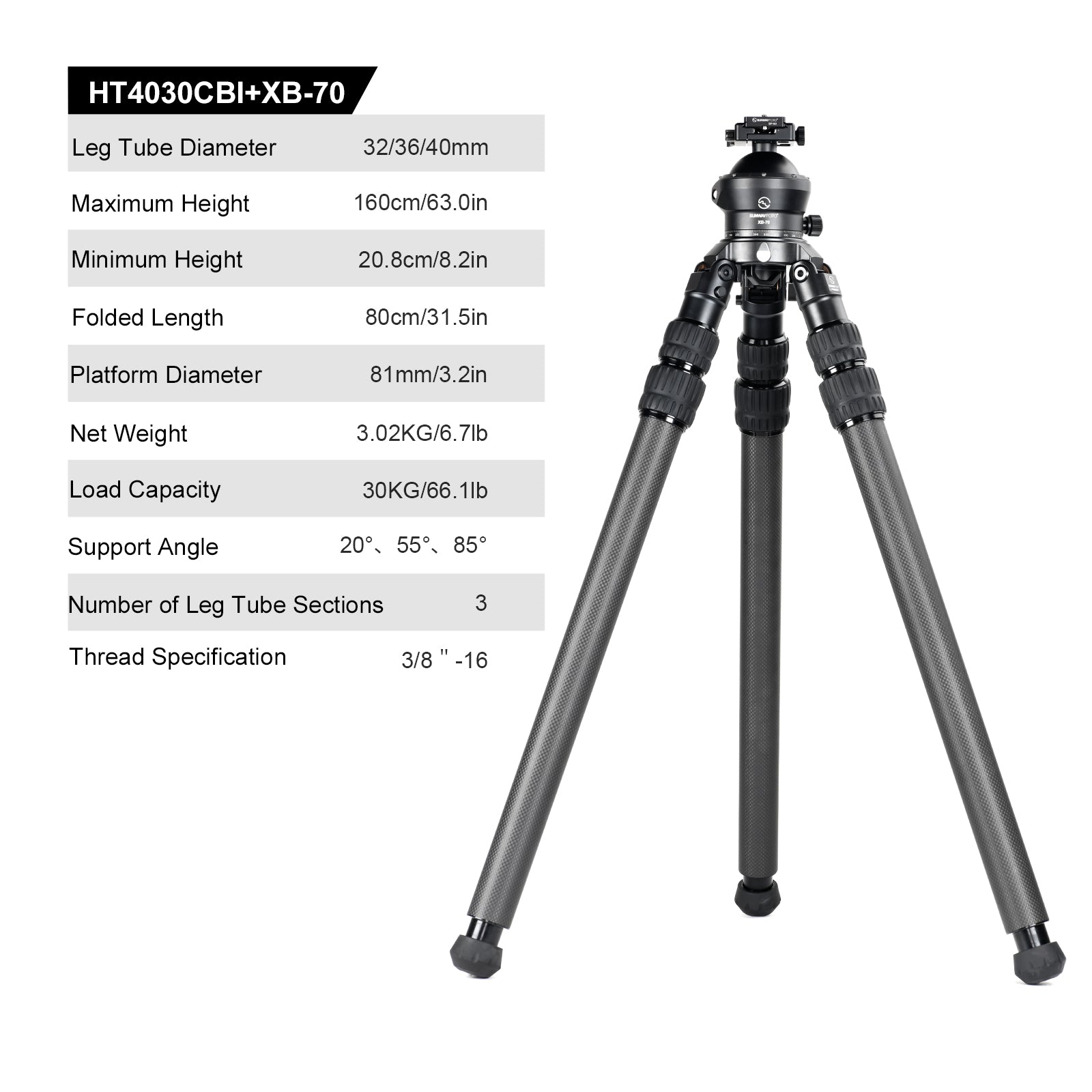 SUNWAYFOTO HT4030CBI Inverted Leg Carbon Fiber Heavy Duty Tripod with 65mm Bowl , 40mm, 3 Sections, 59'' (150cm) Tall, Load 66lb.(30kg)