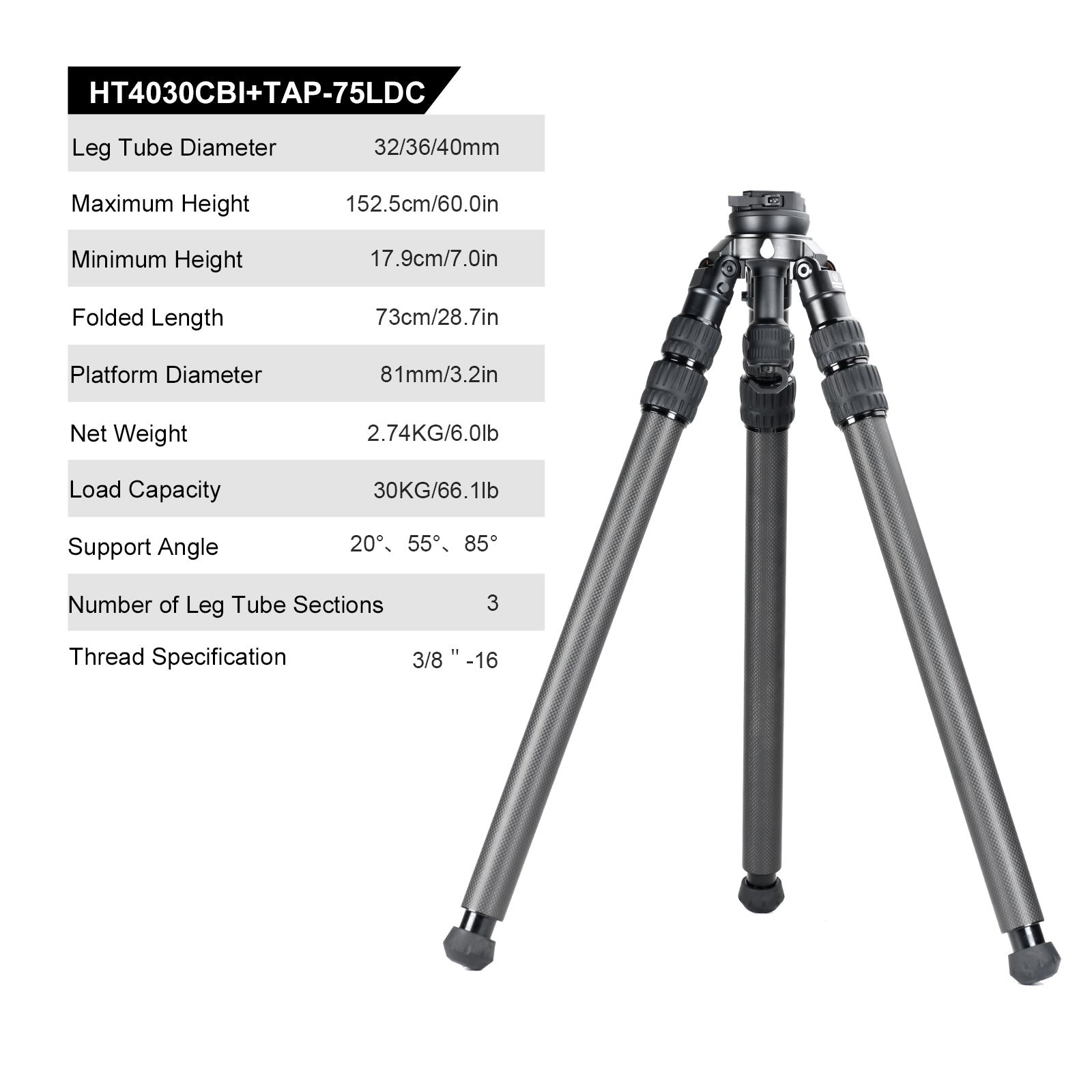 SUNWAYFOTO HT4030CBI Inverted Leg Carbon Fiber Heavy Duty Tripod with 65mm Bowl , 40mm, 3 Sections, 59'' (150cm) Tall, Load 66lb.(30kg)