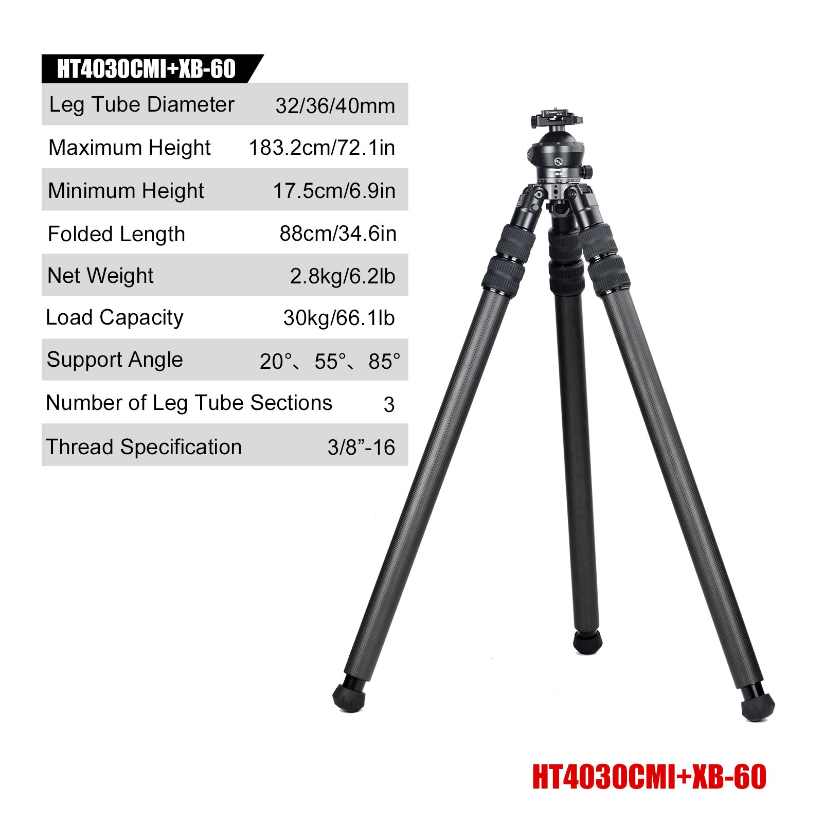 SUNWAYFOTO HT4030CMI Inverted Leg Carbon Fiber without Center Column , 40mm, 3 Section,69'' Tall,Load 66lb.(30kg)