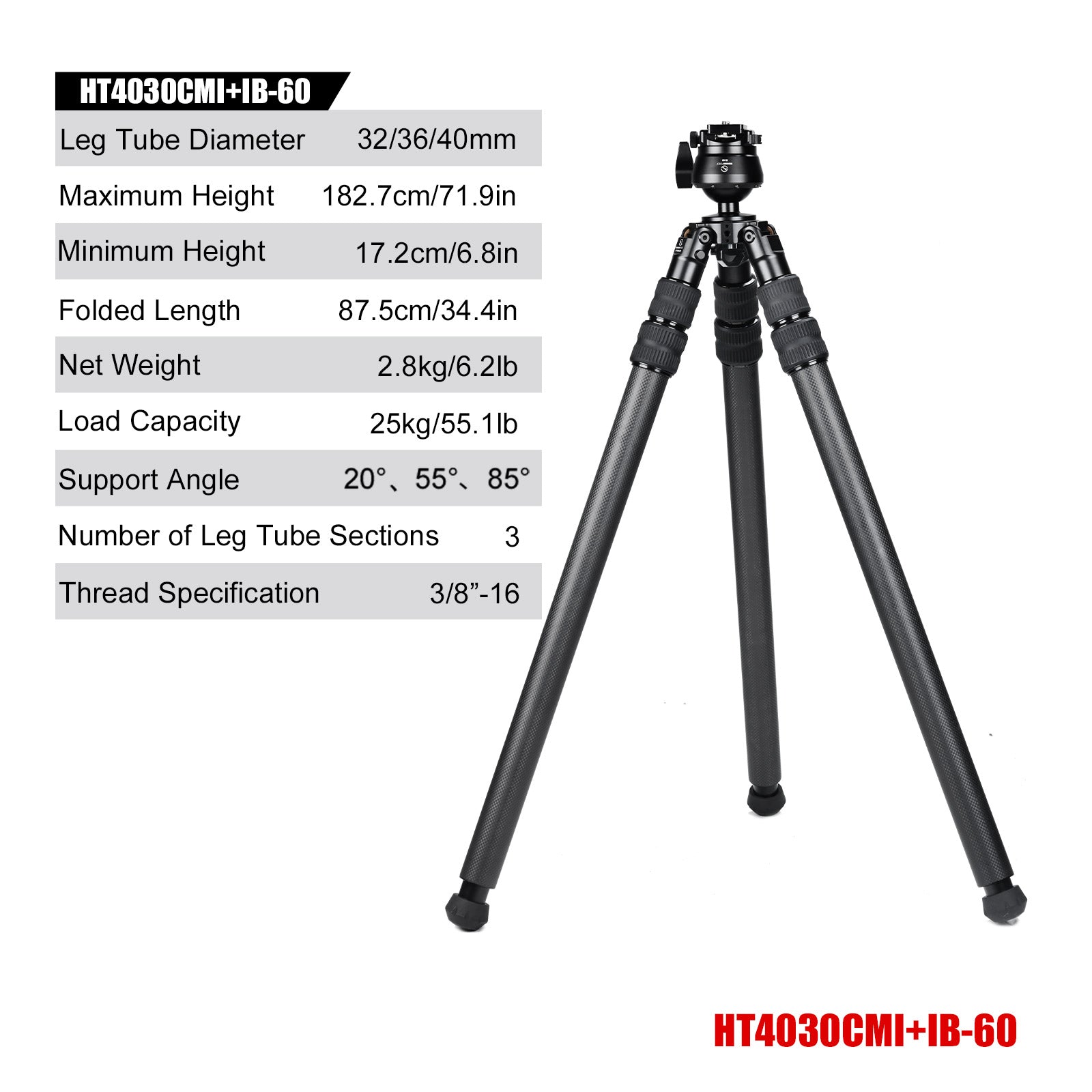 SUNWAYFOTO HT4030CMI Inverted Leg Carbon Fiber without Center Column , 40mm, 3 Section,69'' Tall,Load 66lb.(30kg)