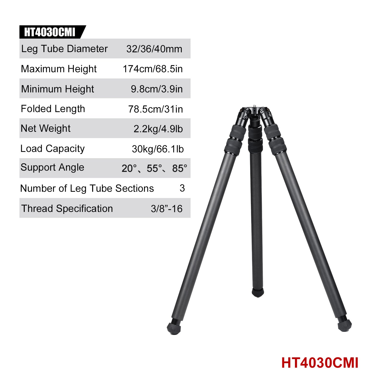 SUNWAYFOTO HT4030CMI Inverted Leg Carbon Fiber without Center Column , 40mm, 3 Section,69'' Tall,Load 66lb.(30kg)