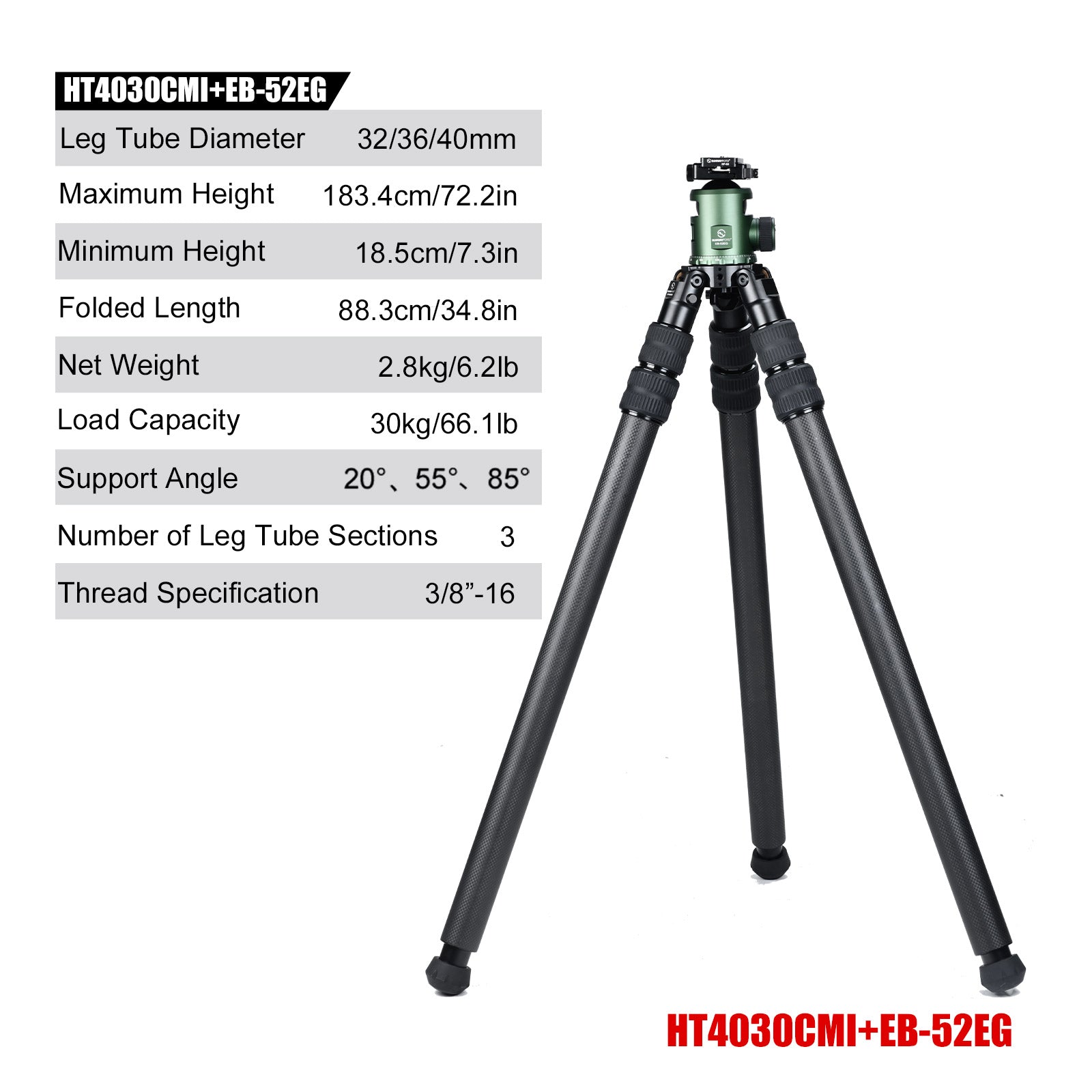 SUNWAYFOTO HT4030CMI Inverted Leg Carbon Fiber without Center Column , 40mm, 3 Section,69'' Tall,Load 66lb.(30kg)