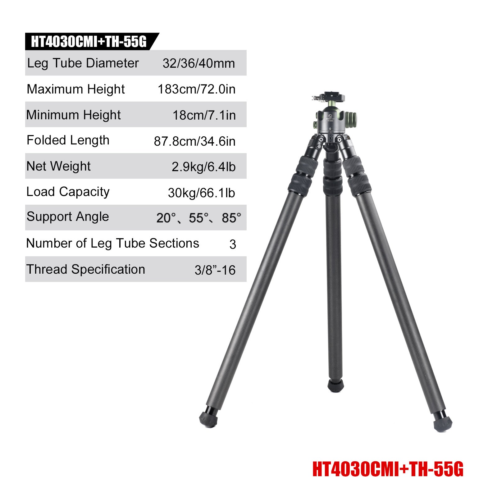 SUNWAYFOTO HT4030CMI Inverted Leg Carbon Fiber without Center Column , 40mm, 3 Section,69'' Tall,Load 66lb.(30kg)