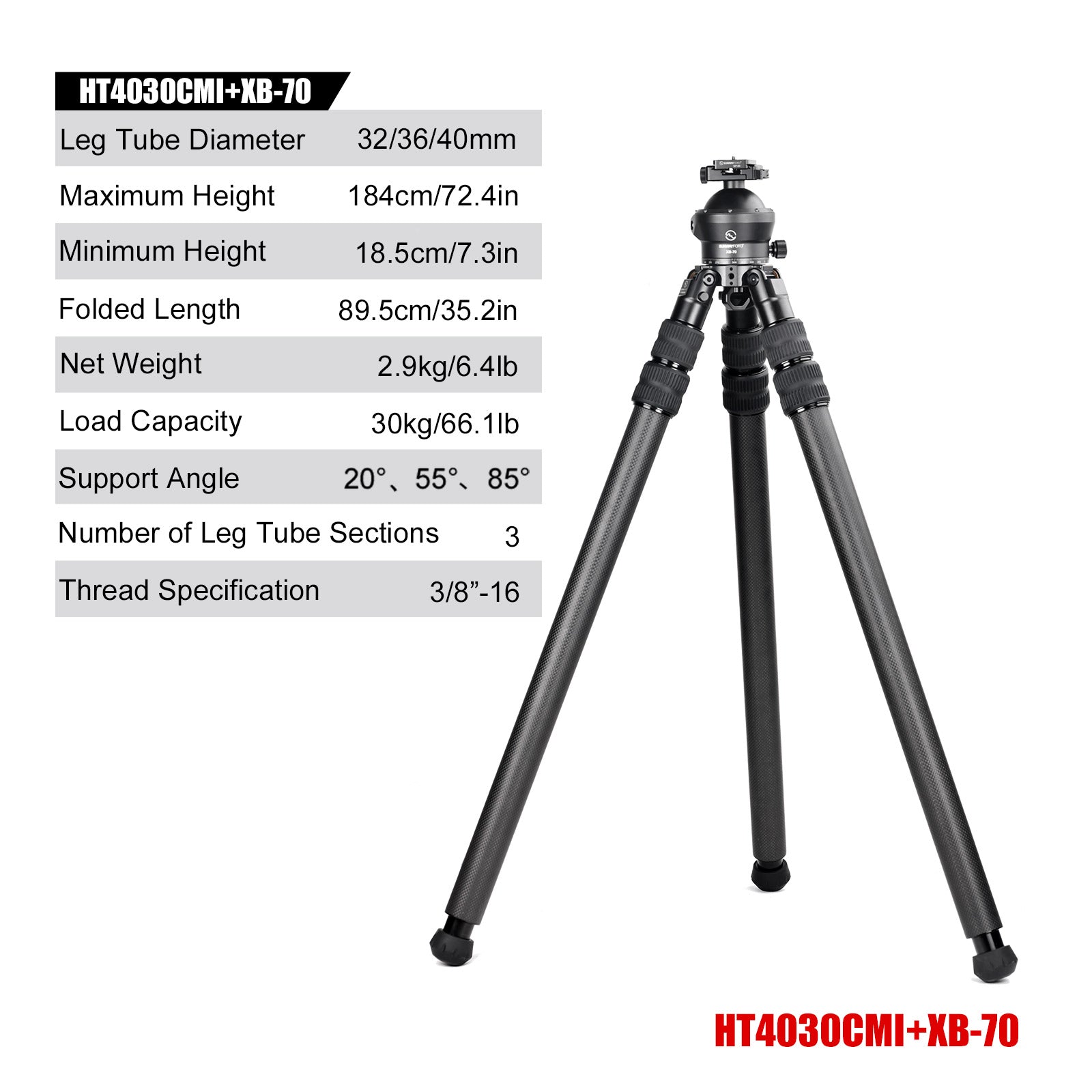 SUNWAYFOTO HT4030CMI Inverted Leg Carbon Fiber without Center Column , 40mm, 3 Section,69'' Tall,Load 66lb.(30kg)
