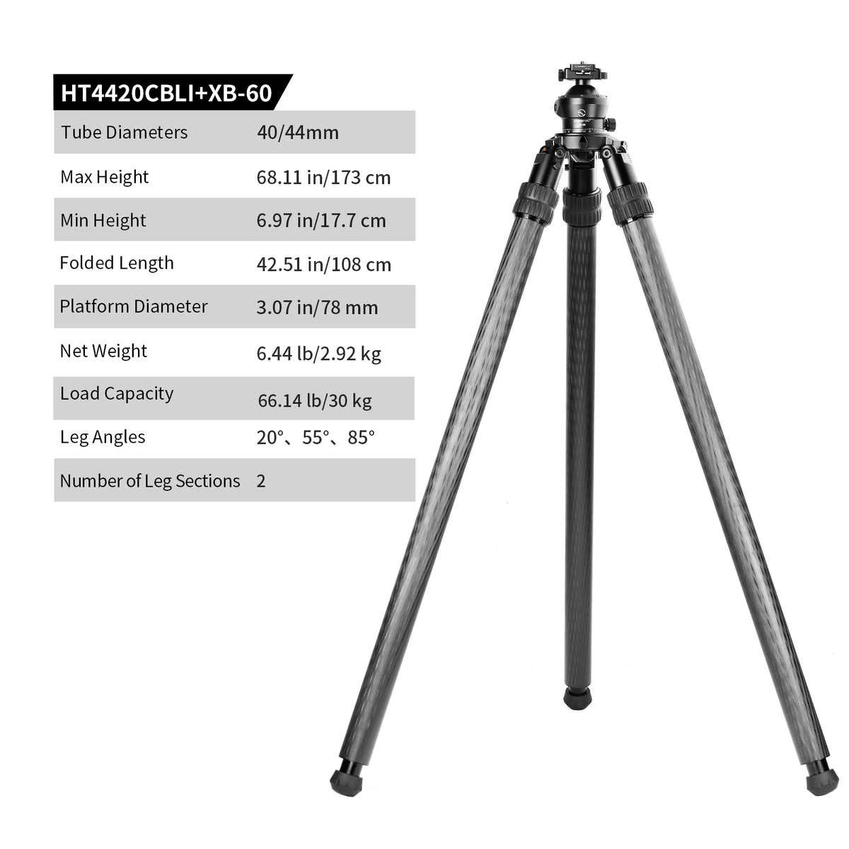 SUNWAYFOTO HT4420CBLI Inverted Leg Carbon Fiber Heavy Duty Tripod, 44mm, 2 Sections, 64'' (163cm) Tall, Load 110lb.(50kg)
