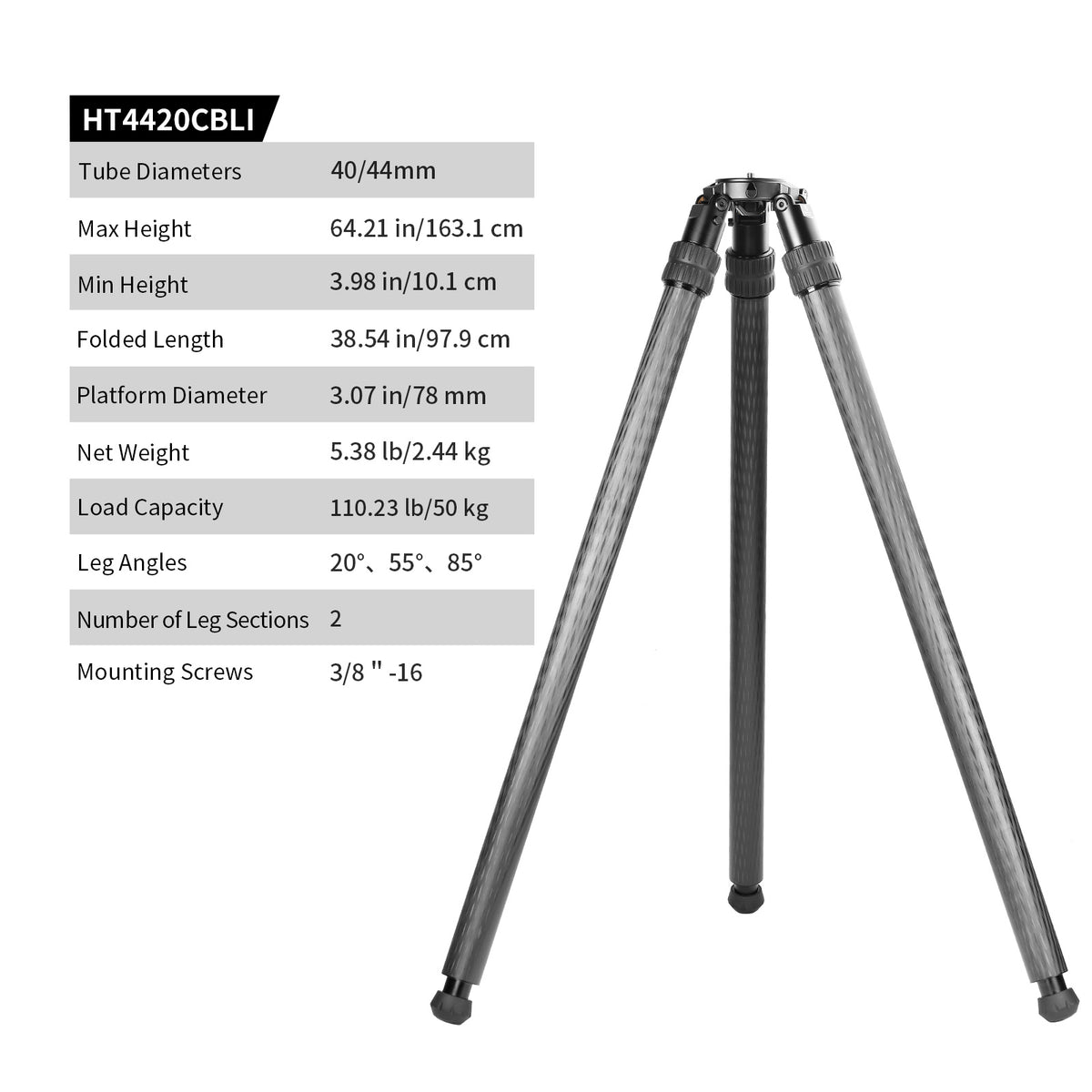 SUNWAYFOTO HT4420CBLI Inverted Leg Carbon Fiber Heavy Duty Tripod, 44mm, 2 Sections, 64'' (163cm) Tall, Load 110lb.(50kg)