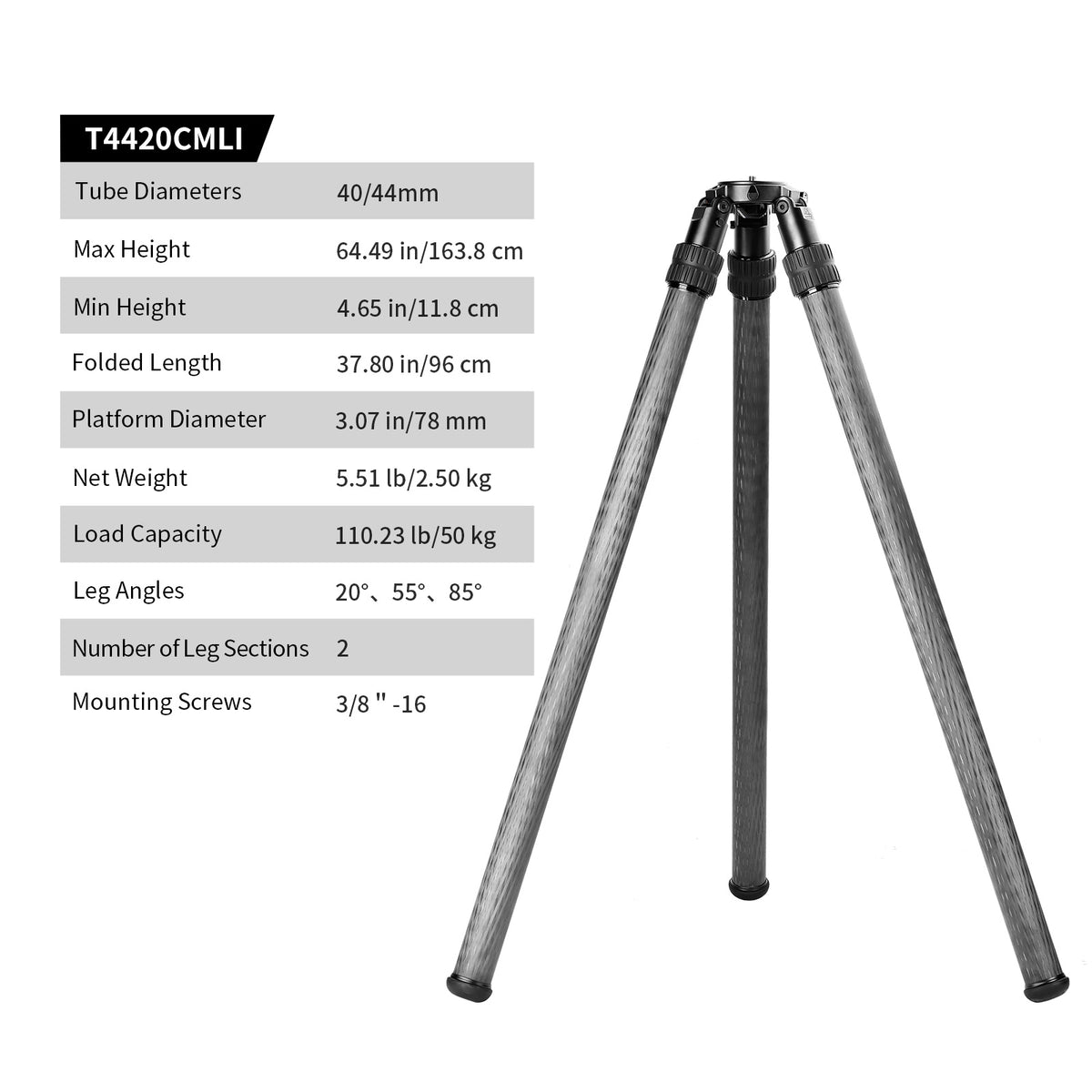SUNWAYFOTO T4420CMLI Inverted Leg Carbon Fiber Heavy Duty Tripod, 44mm, 2 Sections, 64'' (163cm) Tall, Load 110lb.(50kg)
