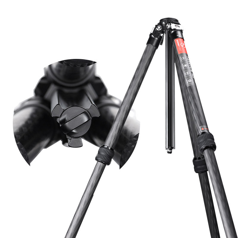 T2841CE Ultra Compact Series Carbon Fiber Tripod with Special Shaped Center Column, 4 Leg Sections and Top Tube Diameter of 28mm.