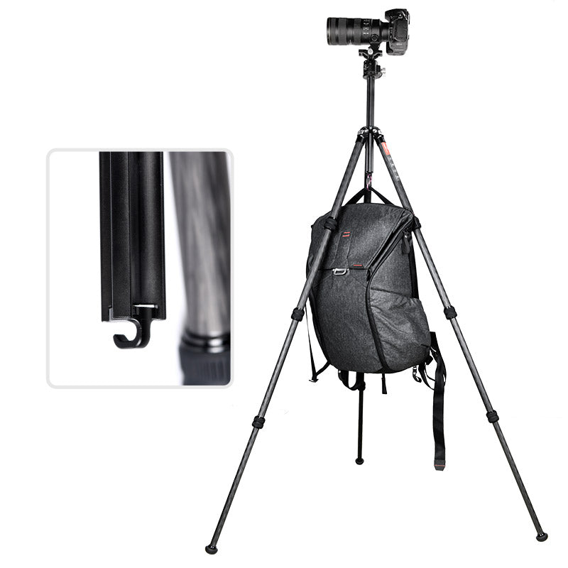 T2841CE Ultra Compact Series Carbon Fiber Tripod with Special Shaped Center Column, 4 Leg Sections and Top Tube Diameter of 28mm.