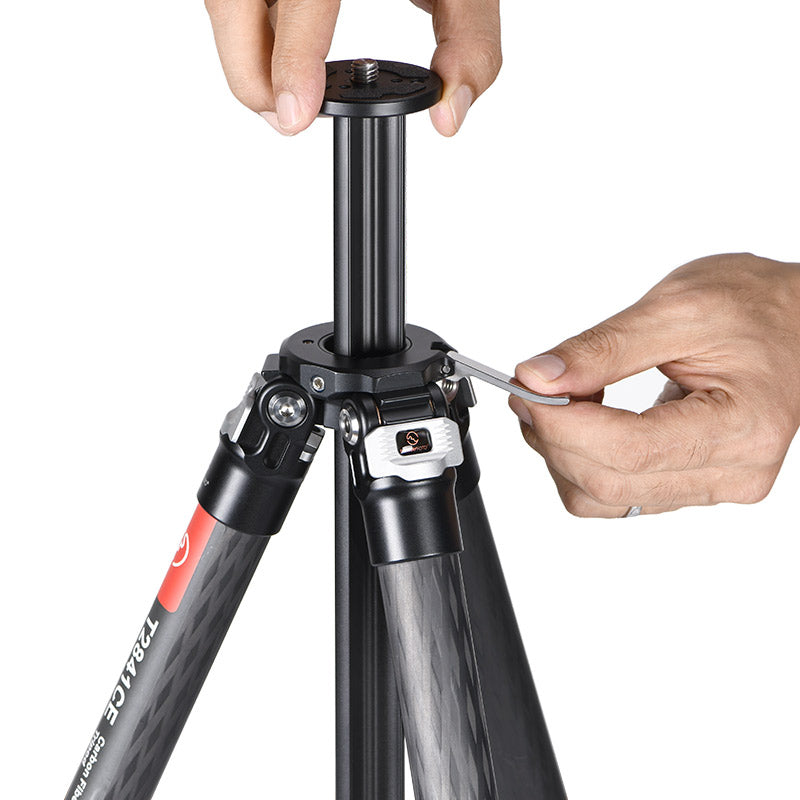 T2841CE Ultra Compact Series Carbon Fiber Tripod with Special Shaped Center Column, 4 Leg Sections and Top Tube Diameter of 28mm.