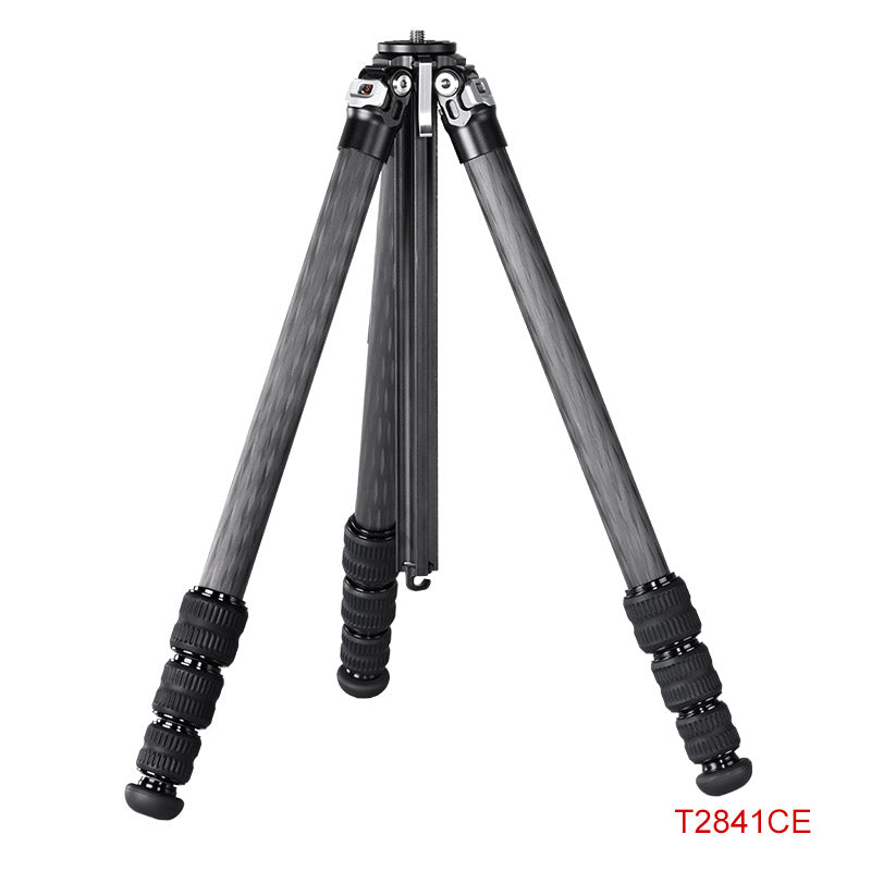 T2841CE Ultra Compact Series Carbon Fiber Tripod with Special Shaped Center Column, 4 Leg Sections and Top Tube Diameter of 28mm.