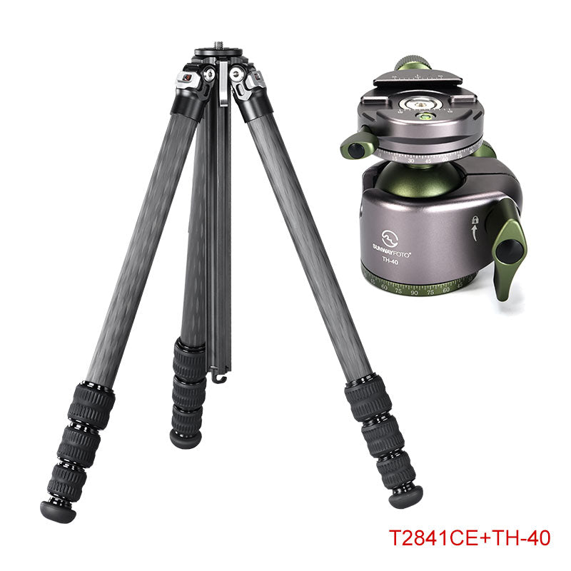T2841CE Ultra Compact Series Carbon Fiber Tripod with Special Shaped Center Column, 4 Leg Sections and Top Tube Diameter of 28mm.