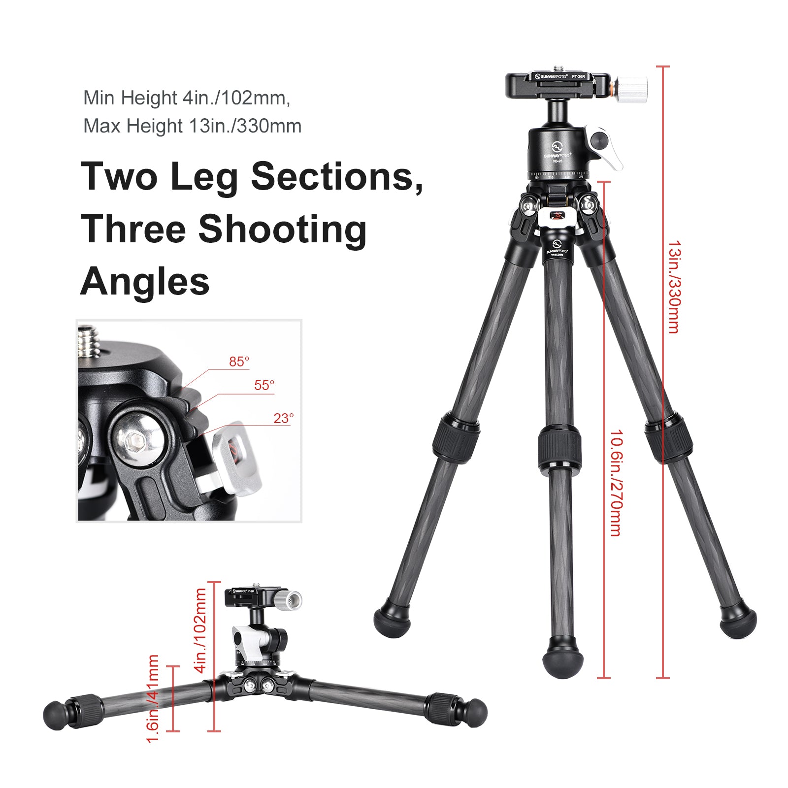 T16C20NII+XB-25  Mini Carbon Fiber Tripod for IPhone and DLSR and 25mm Ballhead,2 Sections
