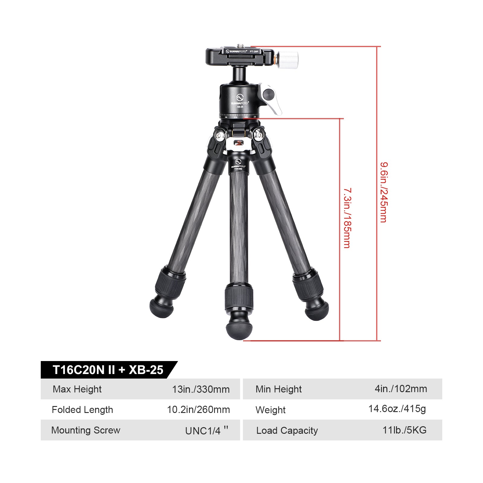 T16C20NII+XB-25  Mini Carbon Fiber Tripod for IPhone and DLSR and 25mm Ballhead,2 Sections