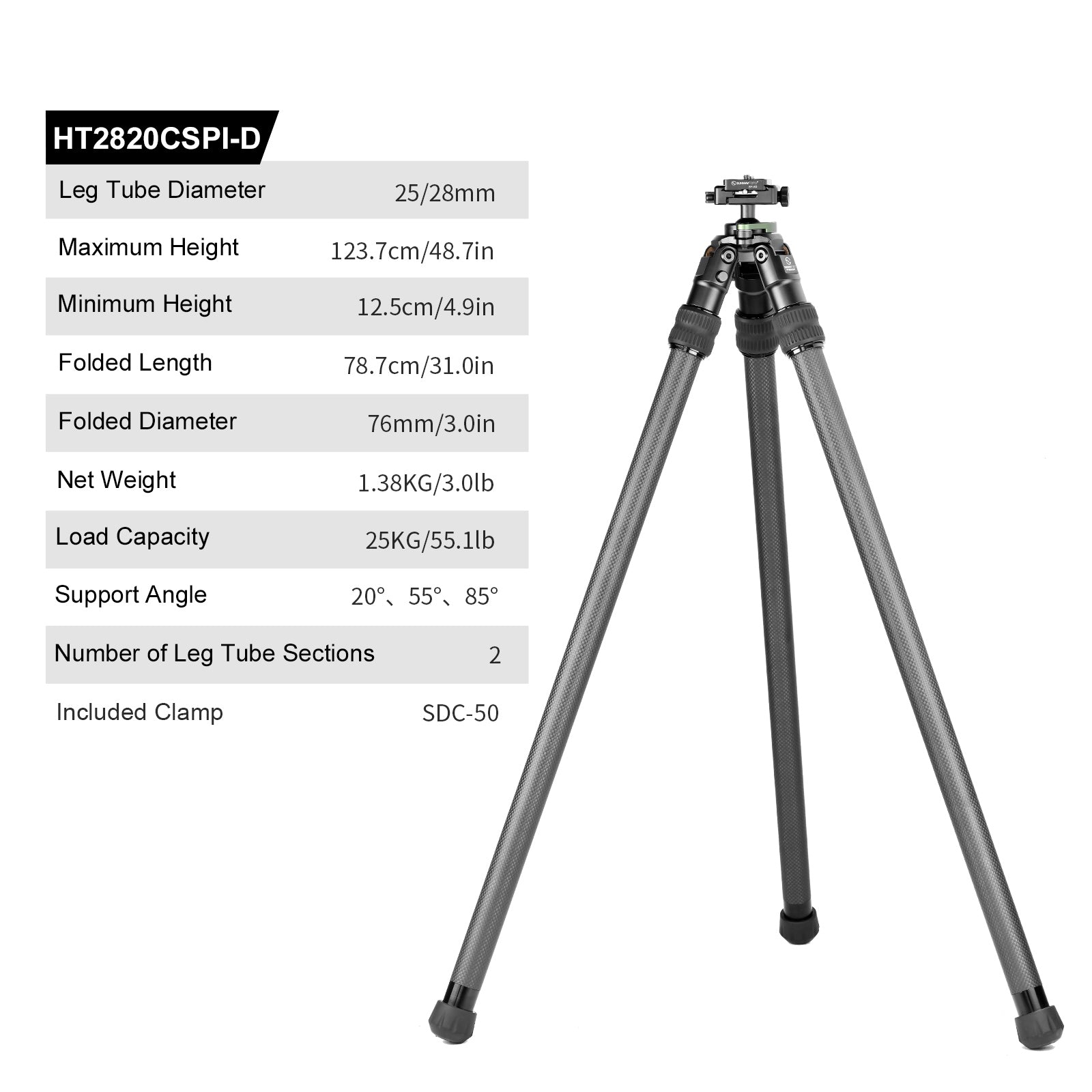 Sunwayfoto HT2820CSPI Inverted Leg Carbon Fiber Tripod for Hunting with Ball Head，Arca-Swiss Picatinny Rail Adapter Clamp，48.7''/124 Tall