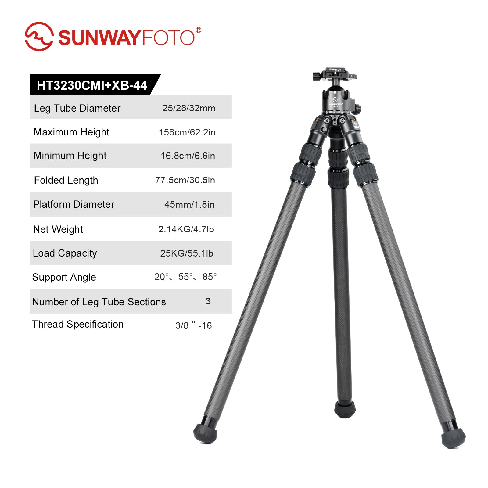 SUNWAYFOTO HT3230CMI Inverted Leg Carbon Fiber without Center Column , 32mm, 3 Section,69'' Tall,Load 66lb.(26kg)