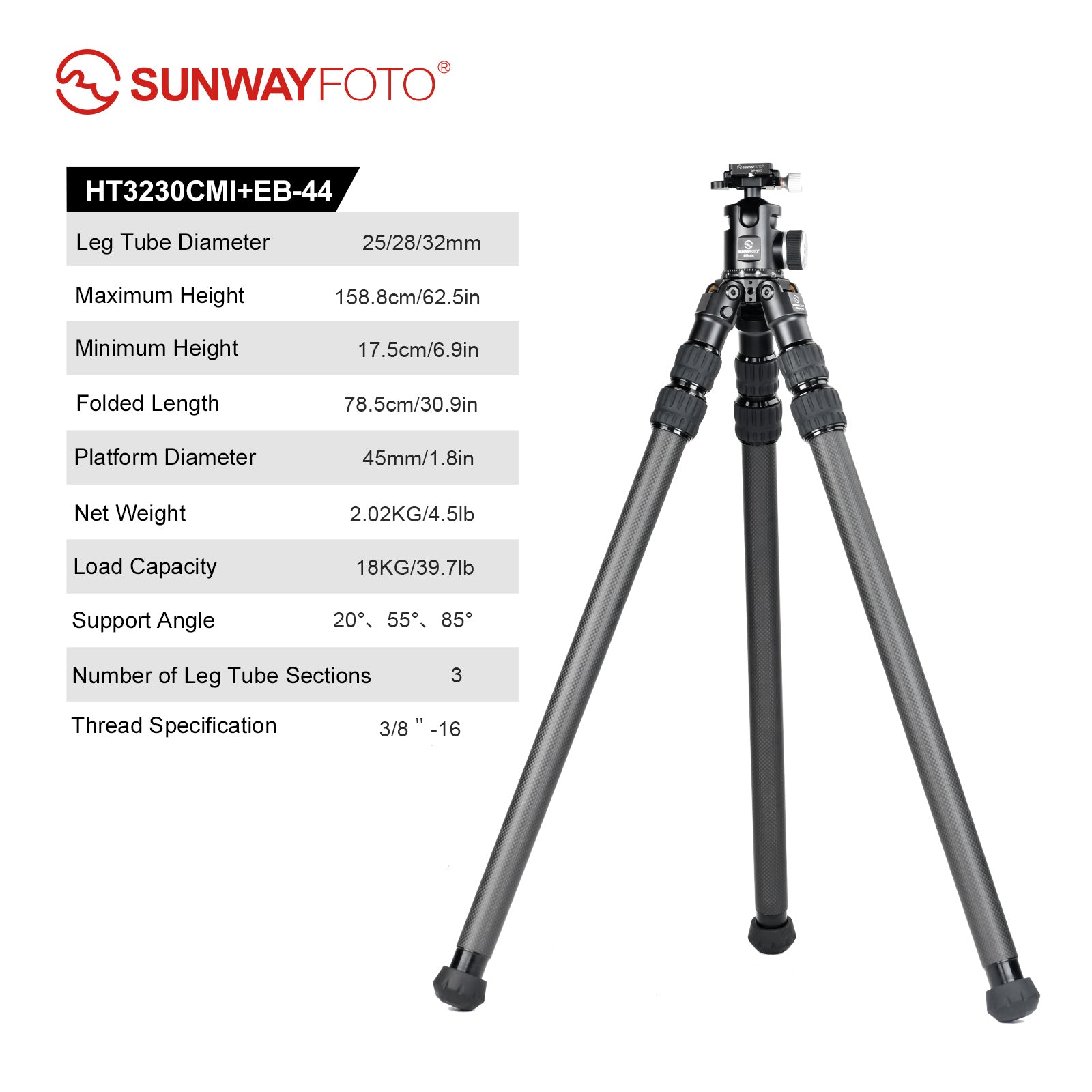 SUNWAYFOTO HT3230CMI Inverted Leg Carbon Fiber without Center Column , 32mm, 3 Section,69'' Tall,Load 66lb.(26kg)