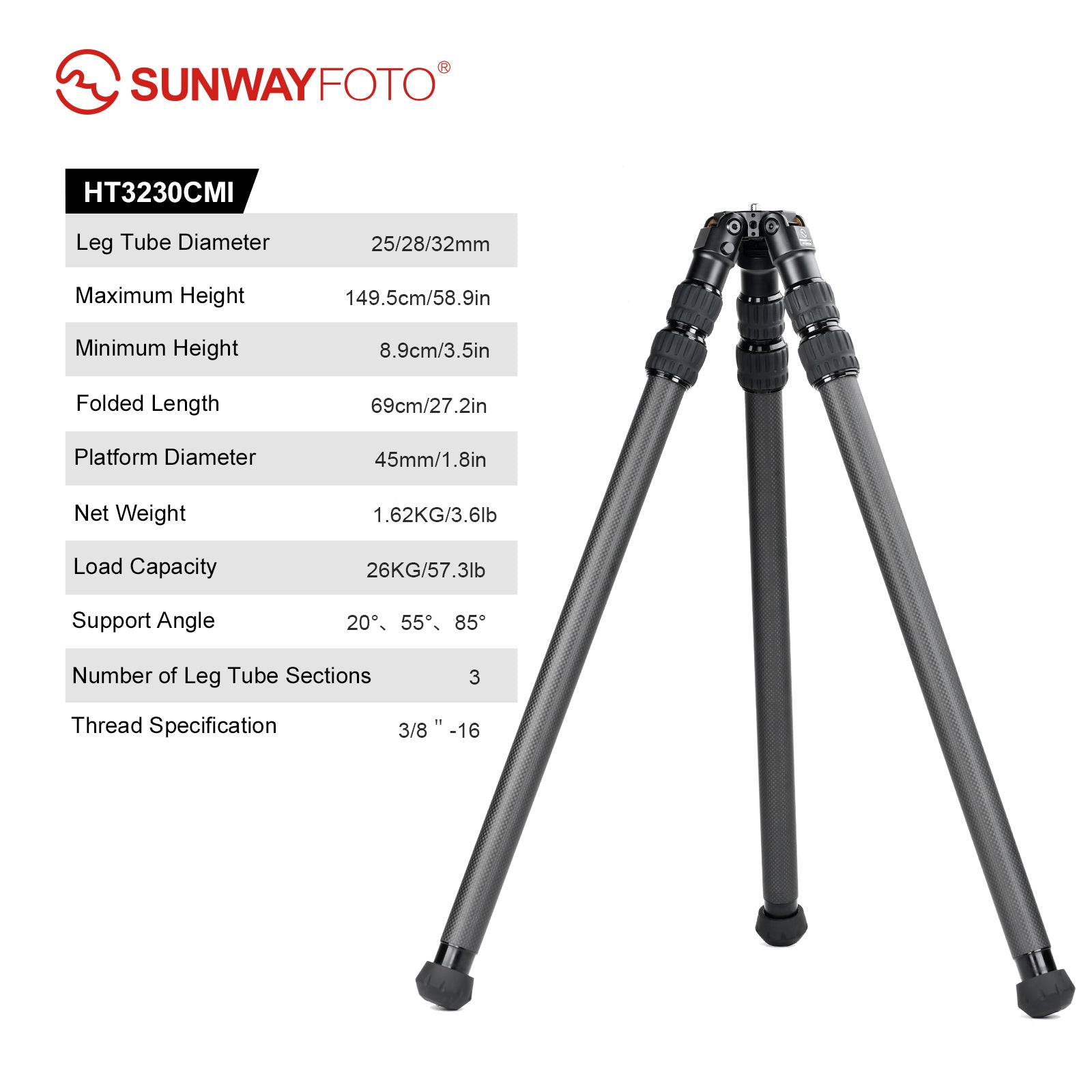 SUNWAYFOTO HT3230CMI Inverted Leg Carbon Fiber without Center Column , 32mm, 3 Section,69'' Tall,Load 66lb.(26kg)