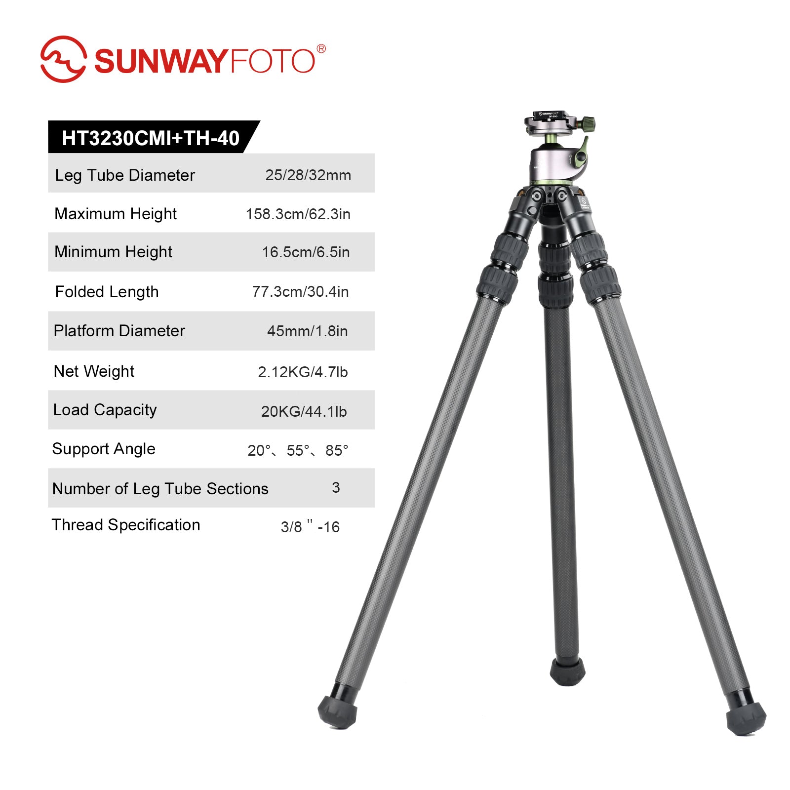 SUNWAYFOTO HT3230CMI Inverted Leg Carbon Fiber without Center Column , 32mm, 3 Section,69'' Tall,Load 66lb.(26kg)