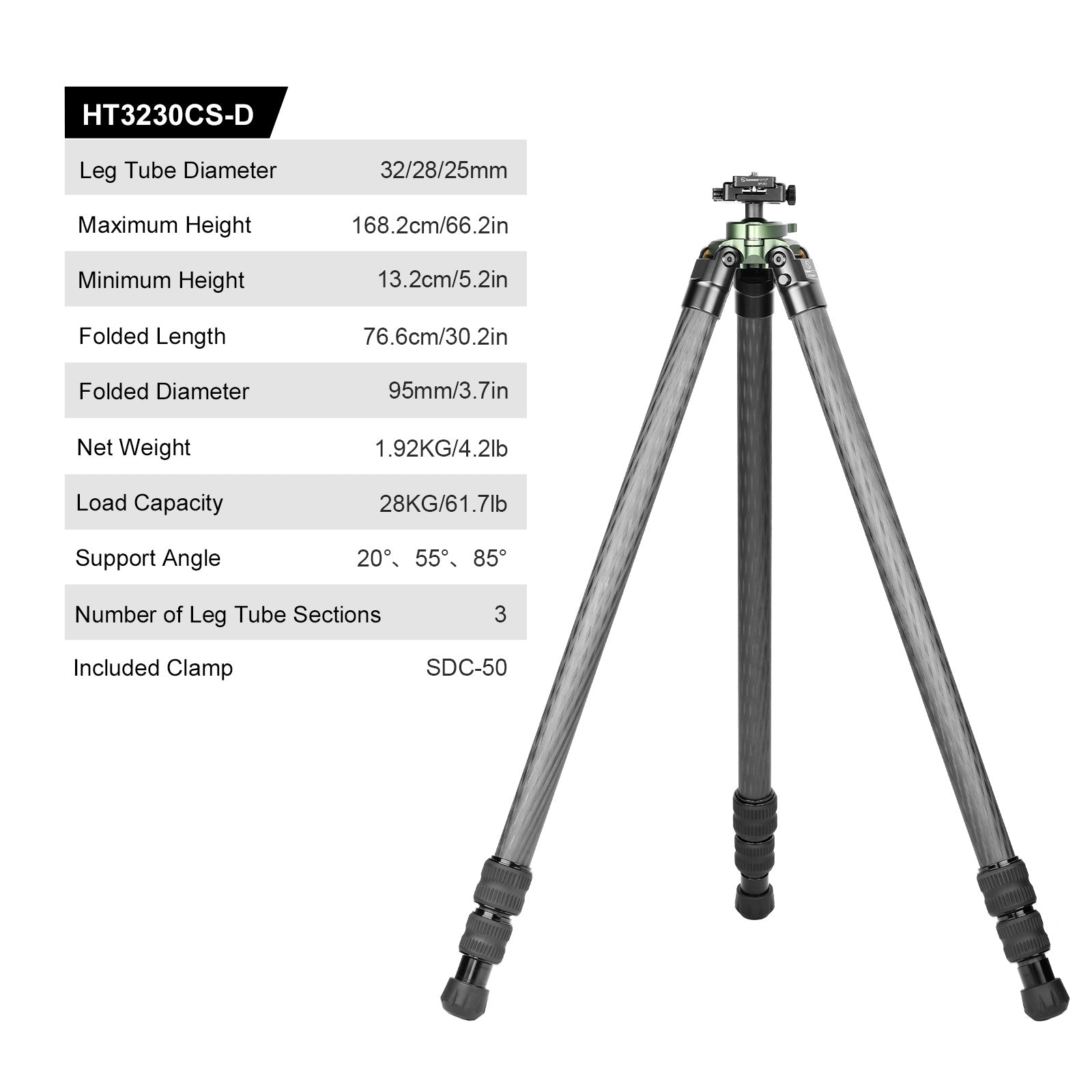 Sunwayfoto HT3230CS Carbon Fiber Tripod for Hunting with 30mm Ball Head,3-Sections,Load 61.6lb(28kg)