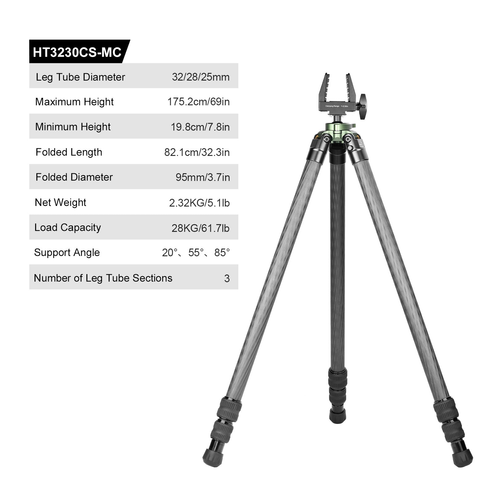 Sunwayfoto HT3230CS Carbon Fiber Tripod for Hunting with 30mm Ball Head,3-Sections,Load 61.6lb(28kg)