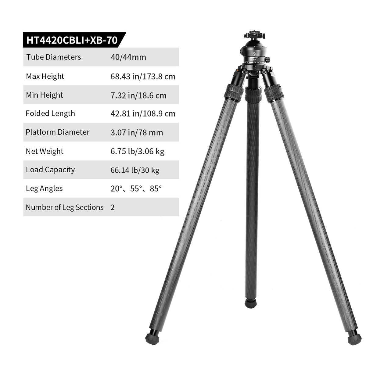 SUNWAYFOTO HT4420CBLI Inverted Leg Carbon Fiber Heavy Duty Tripod, 44mm, 2 Sections, 64'' (163cm) Tall, Load 110lb.(50kg)