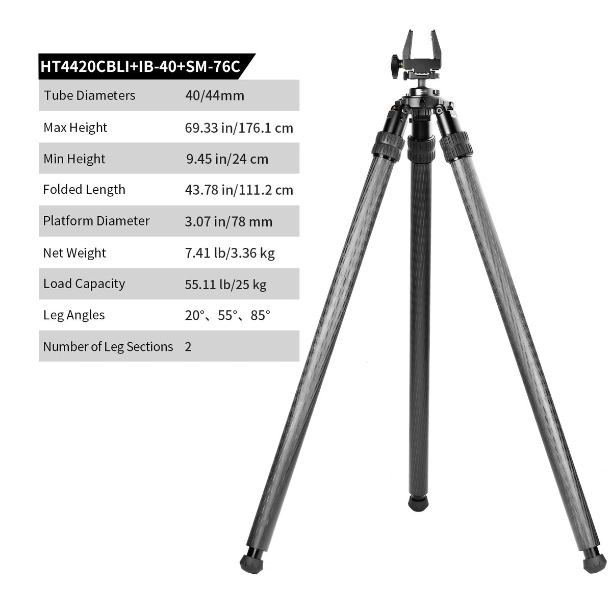 SUNWAYFOTO HT4420CBLI Inverted Leg Carbon Fiber Heavy Duty Tripod, 44mm, 2 Sections, 64'' (163cm) Tall, Load 110lb.(50kg)