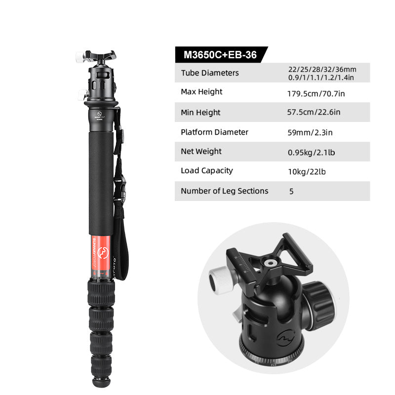 Sunwayfoto M3650C  Carbon Fiber Monopod with Integrated Safety Strap for DSLR Camera,Load 22lbs(10kg),68Inch,36mm,5 Sections