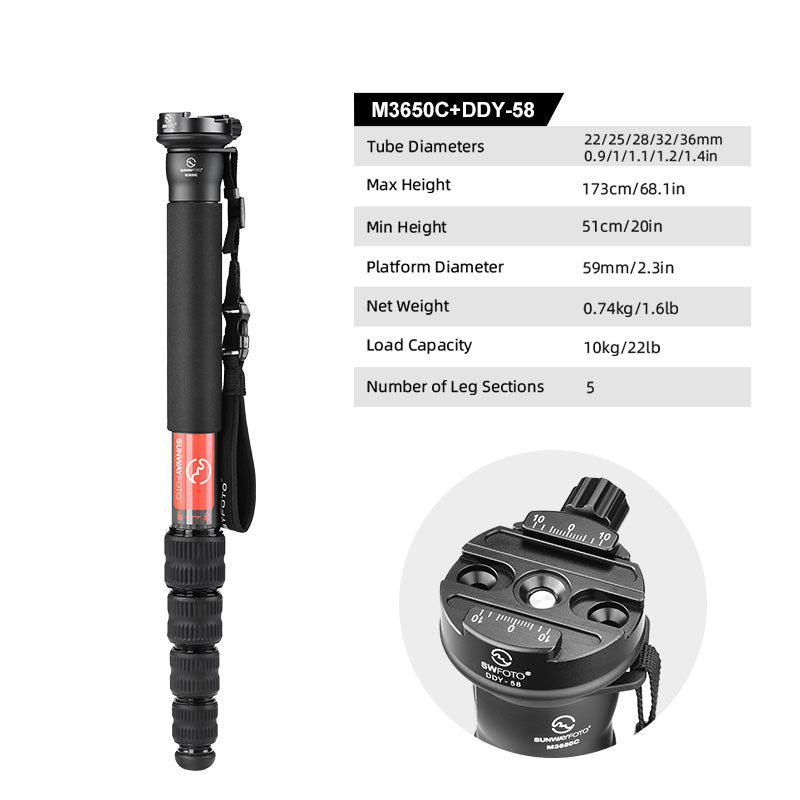 Sunwayfoto M3650C  Carbon Fiber Monopod with Integrated Safety Strap for DSLR Camera,Load 22lbs(10kg),68-Inch,36mm,5 Sections