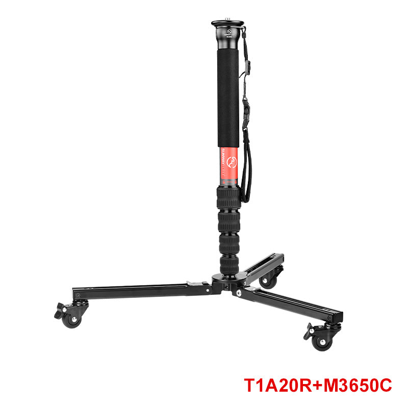 SUNWAYFOTO T1A20R Monopod Dolly, Heavy Duty Rolling Stand, 110lbs (50kg) Capacity, Photography Rubber Wheels, Stand with wheels for action photography