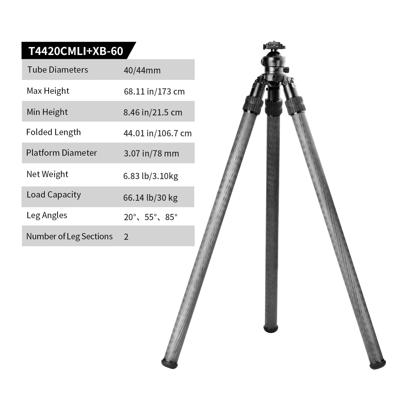 SUNWAYFOTO T4420CMLI Inverted Leg Carbon Fiber Heavy Duty Tripod, 44mm, 2 Sections, 64'' (163cm) Tall, Load 110lb.(50kg)