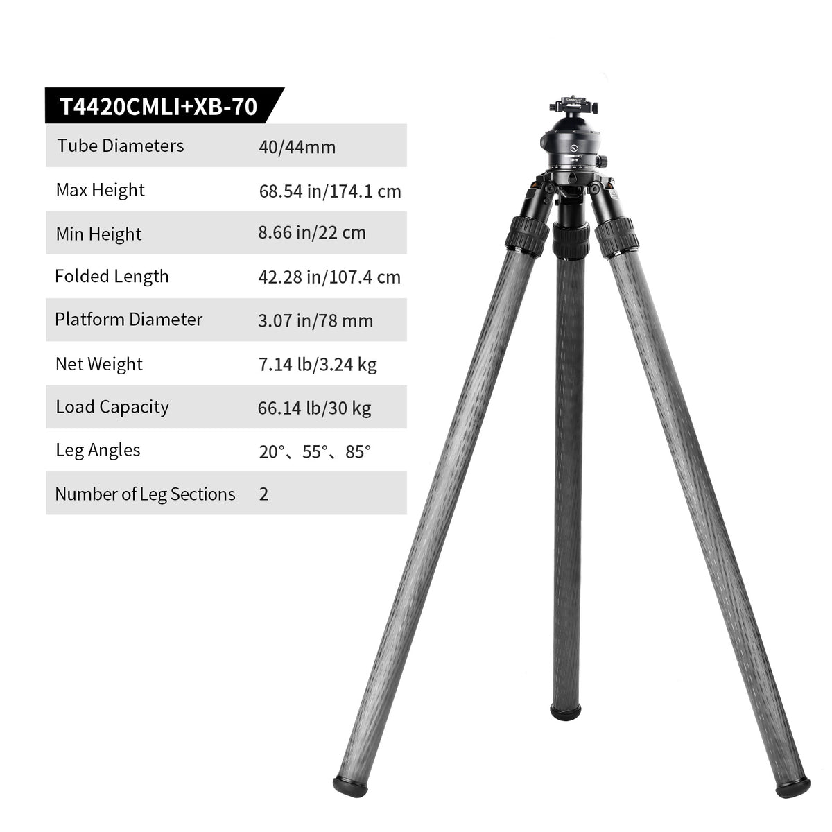 SUNWAYFOTO T4420CMLI Inverted Leg Carbon Fiber Heavy Duty Tripod, 44mm, 2 Sections, 64'' (163cm) Tall, Load 110lb.(50kg)