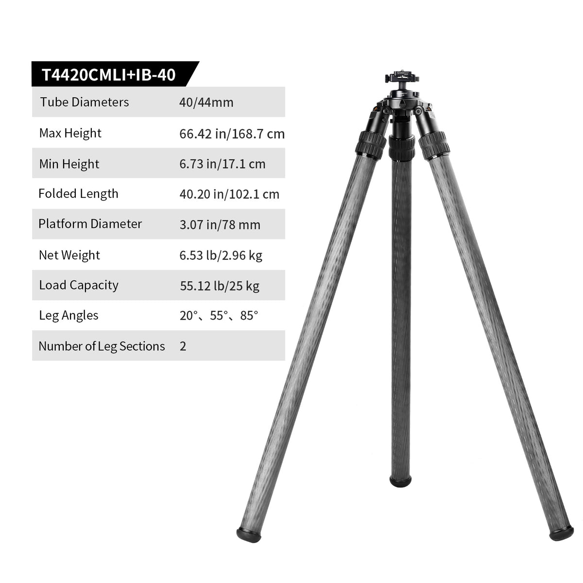 SUNWAYFOTO T4420CMLI Inverted Leg Carbon Fiber Heavy Duty Tripod, 44mm, 2 Sections, 64'' (163cm) Tall, Load 110lb.(50kg)
