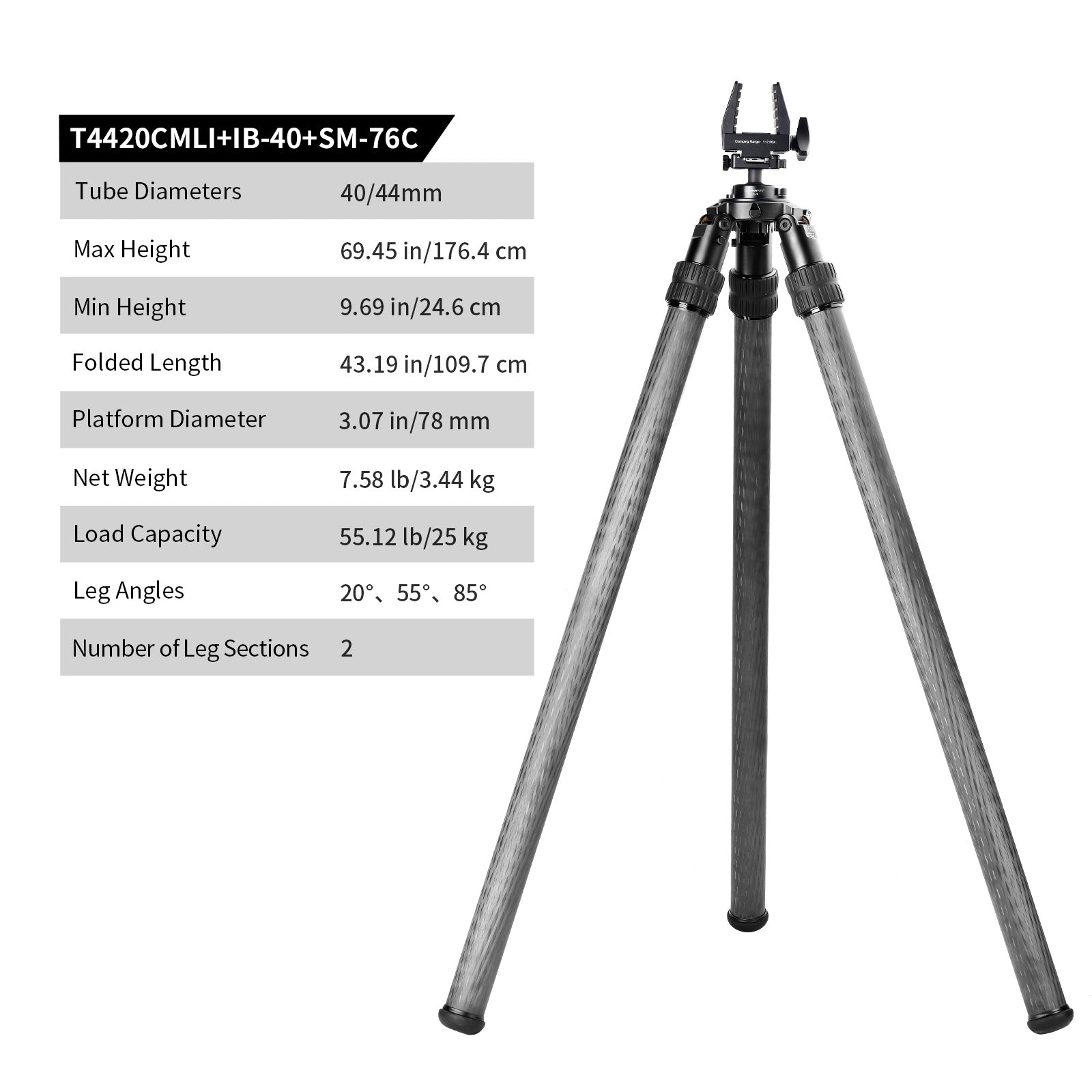 SUNWAYFOTO T4420CMLI Inverted Leg Carbon Fiber Heavy Duty Tripod, 44mm, 2 Sections, 64'' (163cm) Tall, Load 110lb.(50kg)