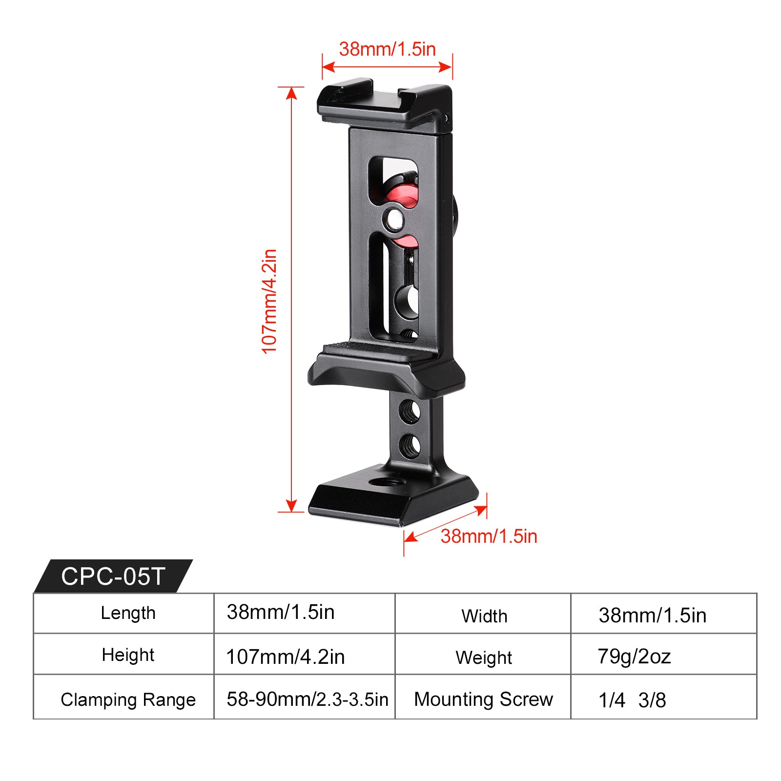 CPC-05 Phone Clamp Tridpod Stand Smartphone Clamp Adapter with Cold Shoe Mount 1/4 Thread Aluminium